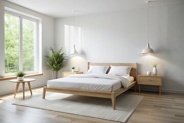 Minimalist white bedroom with a simple wooden bed frame, nightstand, and dresser, creating a serene and affordable