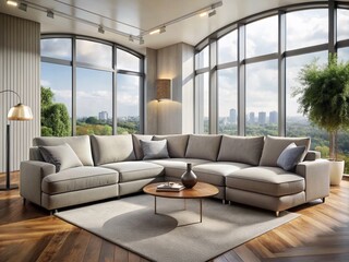 Fototapeta premium Modern, curved, gray sectional sofa with built-in USB ports and adjustable headrests, placed in a minimalist living