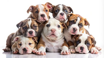 Obraz premium Adorable mixed breed English Bulldog and Pit Bull puppies huddled together in a playful pile