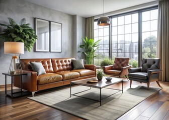 Fototapeta premium Modern, sleek, and stylish furniture arrangement in a contemporary living room, featuring a plush sofa, leather