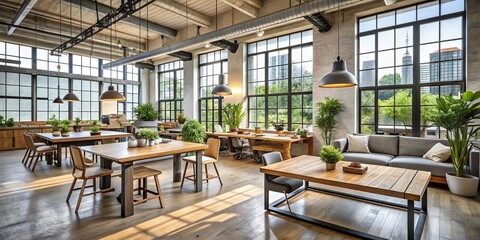 Fototapeta premium Modern, sleek interior design studio with comfortable seating, wooden tables, and large windows, blending natural light