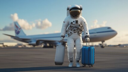 White Astronaut Walking by Aircraft on Runway