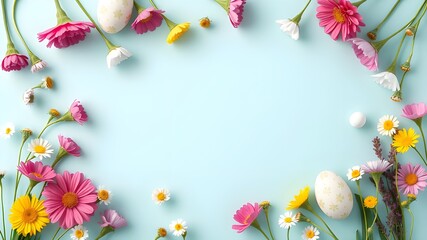 Beautiful spring flowers and decorated Easter eggs on blue background