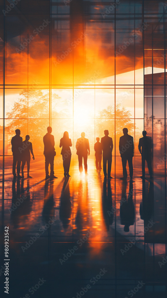 Aufkleber modern office with a business team standing as the setting sun reflects in the windows behind them