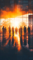 Modern office with a business team standing as the setting sun reflects in the windows behind them