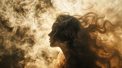 Silhouette of a woman with long hair flowing in smoke.