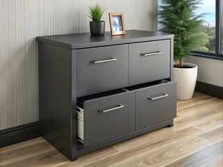 Modern, versatile, and sturdy lateral filing cabinet with two wide drawers, perfect for organizing office documents and