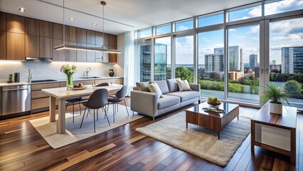 Modern 2-bedroom condo interior features sleek hardwood floors, minimalist decor, floor-to-ceiling windows, and an