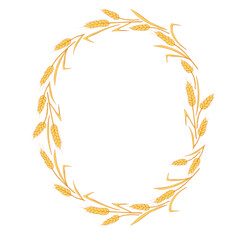 Round frame made of golden wheat or rye ears. Vector autumn wreath, border hand drawn in Doodle flat style, isolated on white background