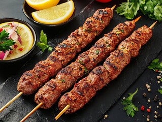 A Adana Kebab. The most popular Turkish dishes. A spicy minced lamb kebab shaped on skewers and grilled, known for its robust flavor.