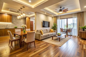 Modern 2BHK home interior featuring sleek wooden flooring, cream-colored walls, and stylish furniture, with a spacious