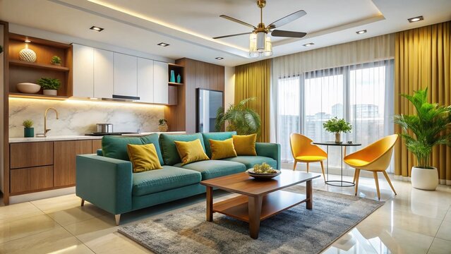 Modern 2BHK interior design package with sleek furniture, vibrant colors, and minimalist decor, showcasing a cozy