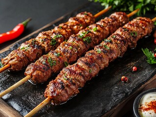 A Adana Kebab. The most popular Turkish dishes. A spicy minced lamb kebab shaped on skewers and grilled, known for its robust flavor.