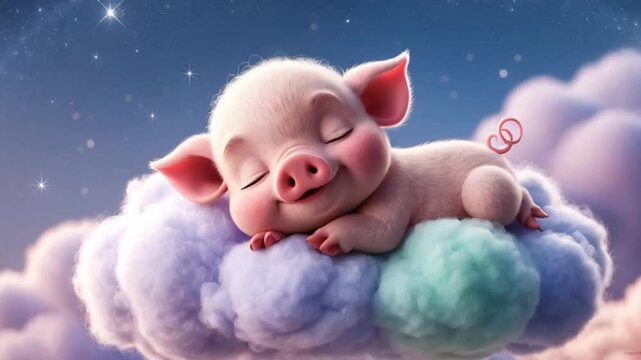 Little cute cartoon pig sleeping on a cloud decoration
