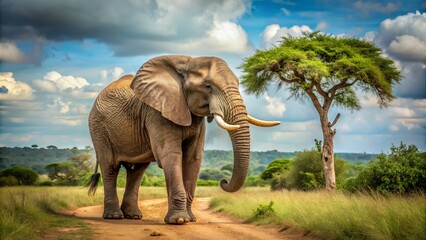 Fototapeta premium African elephant walking through the wilderness with its trunk in the air