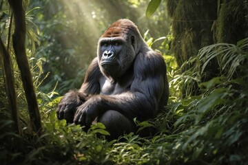 Naklejka premium Gorilla Sitting in a Lush Jungle with Sunlight Filtering Through the Canopy: A powerful gorilla sitting calmly amidst a dense jungle, surrounded by lush green vegetation and towering trees.