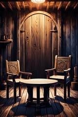 a table with two rustic chairs under the light in a wooden room