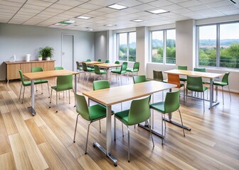 Fototapeta premium Modern and functional break room furniture, including rectangular tables and chairs, in a stylish yet affordable