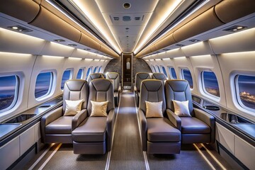 Modern aircraft interior featuring sleek seating, minimalist overhead compartments, and ambient lighting, showcasing