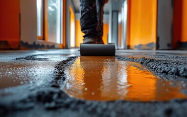 Technician Preparing Floor Surface with Self-Leveling Mortar
