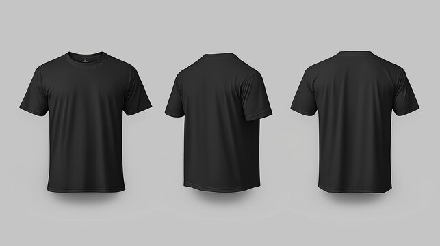 Blank black clean t-shirt mockup, isolated and showcasing front and back views in 3D rendering. This mockup serves as a template for football clothes, presented in a classic short style.