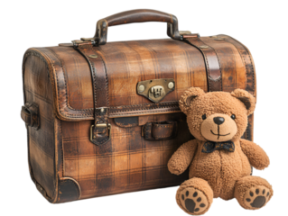 a teddy bear sitting next to a suitcase.