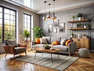 Fototapeta premium Modern and stylish living room interior with budget-friendly furniture pieces and tasteful decor, set against a clean