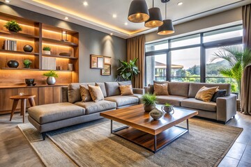 Fototapeta premium Modern and stylish living room with affordable furniture, characterized by sleek lines, minimalist decor, and a warm