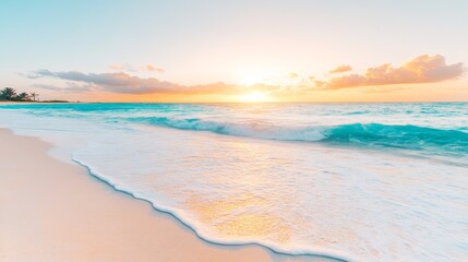 Serene beach at sunrise with gentle waves and a clear sky, creating a peaceful and tranquil atmosphere.