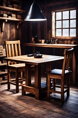 a wooden dining table in the cabin kitchen