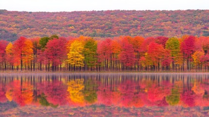 Vibrant autumn trees reflecting in a calm lake, showcasing a stunning mix of reds, yellows, and oranges.