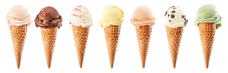 Ice cream scoop on waffle cone on transparent background cutout