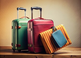 Vibrant luggage and travel documents arranged artfully on a neutral background, conveying excitement and anticipation for a romantic getaway, with ample space for custom content.