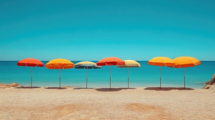 Minimalist Coastal View: Striped Umbrellas on Sand