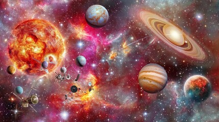 Artistic representation of a colorful and vibrant cosmic scene with planets, stars, and nebulae.