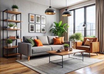 Modern apartment interior with stylish, budget-friendly furniture, including a sleek sofa, coffee table, and minimalist
