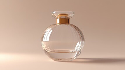 legant clear glass perfume bottle with a gold cap, smooth lines, front view, luxurious touch, solid color background