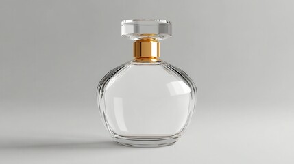legant clear glass perfume bottle with a gold cap, smooth lines, front view, luxurious touch, solid color background
