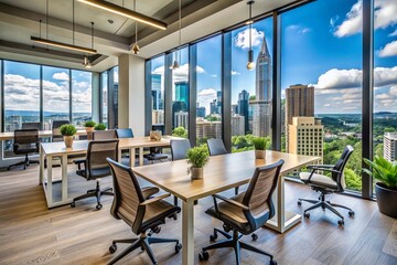 Fototapeta premium Modern Atlanta office space with sleek coworking desks, ergonomic chairs, and minimalist decor, surrounded by