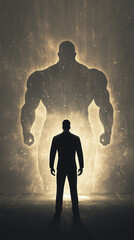 Obraz premium Businessman stands confidently before a towering silhouette, prepared to conquer any obstacle with his inner strength