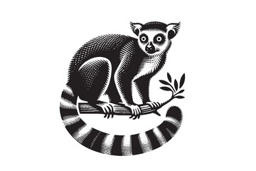 Lemur. Black and white simple vintage, engraving vector illustration. Emblem, logo, print, isolated object © Victoria