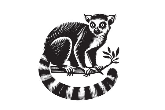 Lemur. Black and white simple vintage, engraving vector illustration. Emblem, logo, print, isolated object