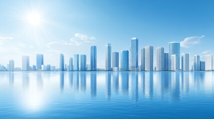 Fototapeta premium Panoramic view of a modern city skyline with tall skyscrapers reflecting in a calm body of water under a bright blue sky.