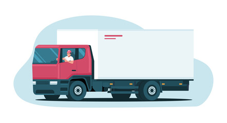 Cheerful driver showing thumbs up while driving a truck. Vector illustration.