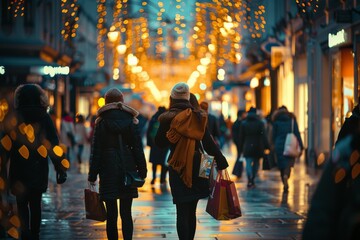 Immerse yourself in the holiday cheer of bustling city streets at night, filled with joyful festivities and dazzling illuminations, as shoppers enjoy the festive atmosphere of the season