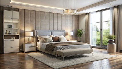 Fototapeta premium Modern bedroom interior featuring sleek, low-profile bed, matching nightstands, and dresser with clean lines, chrome