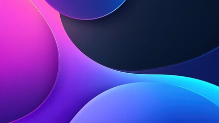 Abstract design featuring vibrant curves and circles with a gradient of purple and blue tones set against a dark background