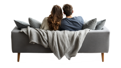 Couple sitting on couch, back view on transparent background