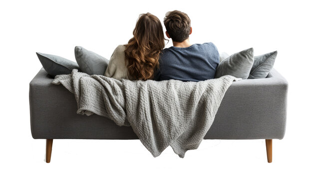 Couple sitting on couch, back view on transparent background