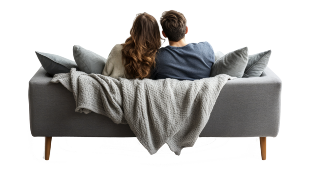 Couple sitting on couch, back view on transparent background - Powered by Adobe
